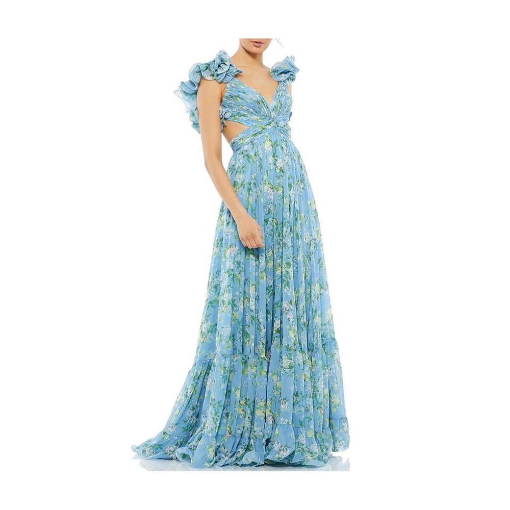 Mac Duggal Blue Floral Chiffon Ruffle Shoulder Maxi Dress